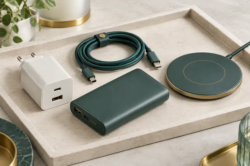 Chargeur, câble et batterie externe disposés autour d’un smartphone générique