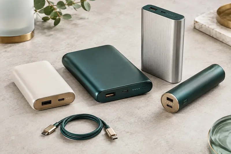 Batteries externes de formats différents avec leurs ports de connexion visibles