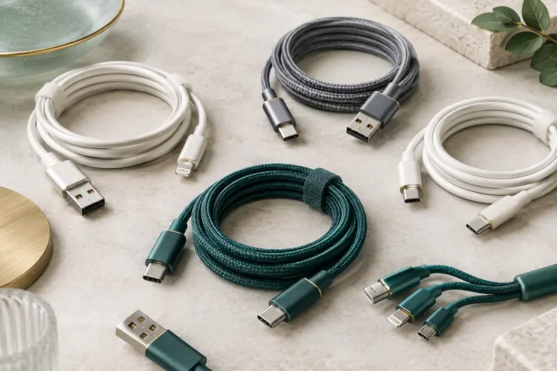 Câbles de charge pour smartphone avec différents connecteurs alignés