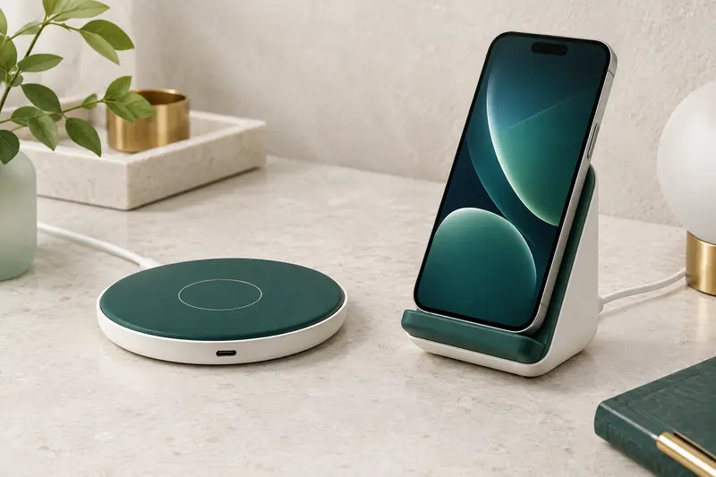 Socle de charge sans fil et smartphone générique sur une surface claire