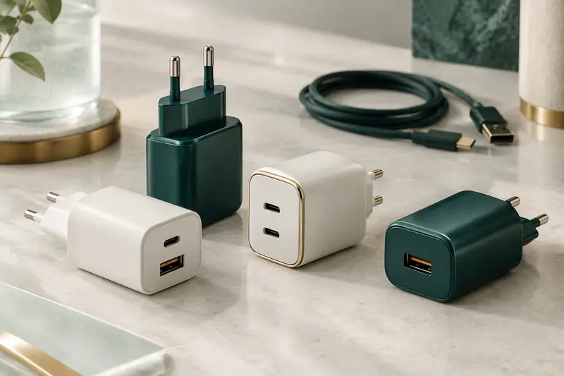 Chargeurs secteur compacts avec ports visibles posés sur un fond clair