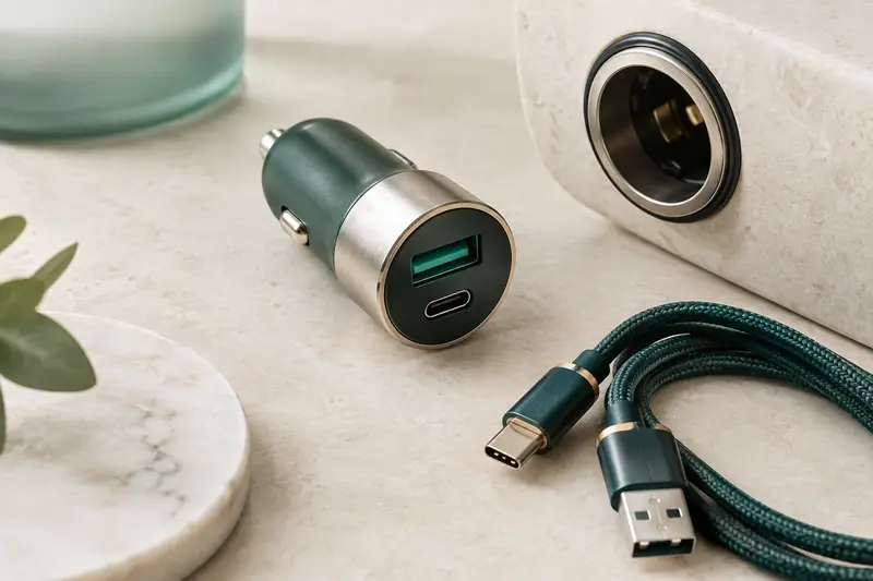 Chargeur voiture compact avec ports USB posé près d’un câble de téléphone