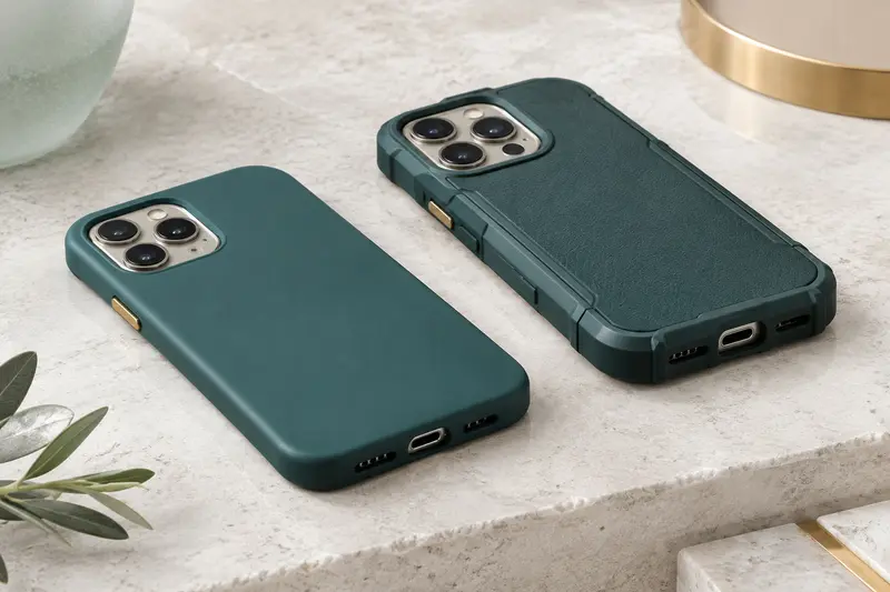 Deux coques de smartphone aux formats différents posées sur une surface claire