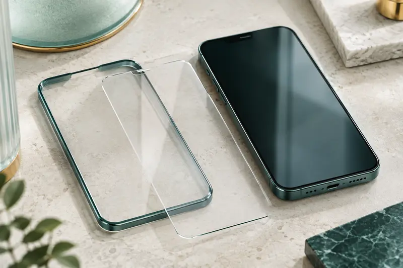 Film transparent et verre de protection présentés devant un smartphone générique