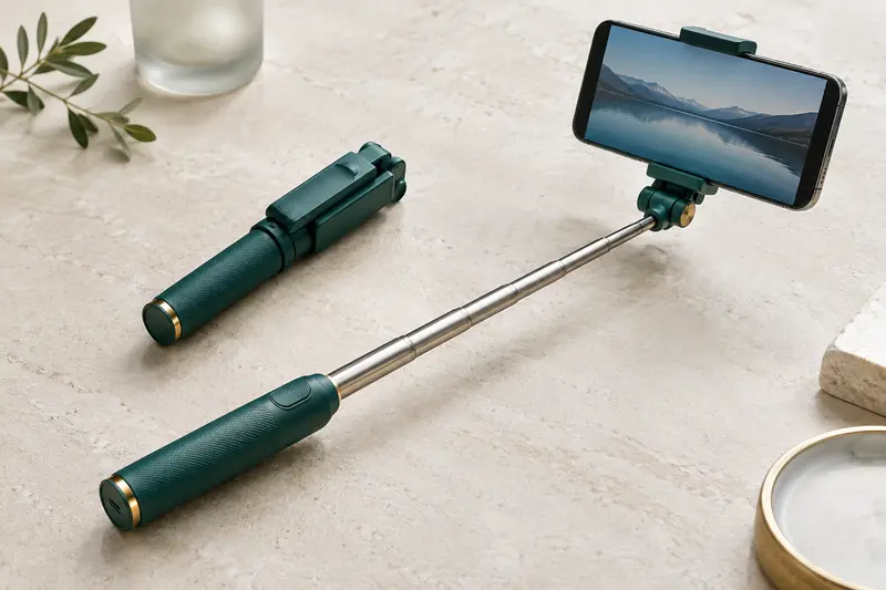 Perche selfie télescopique déployée avec pince de fixation pour smartphone