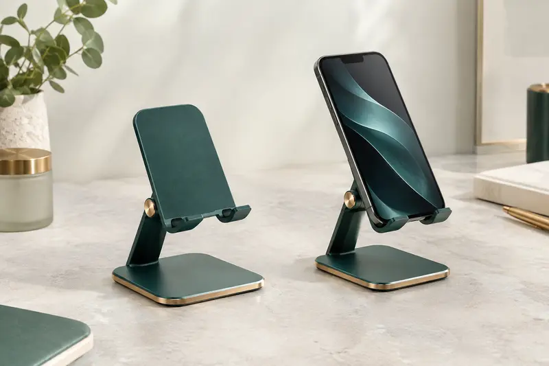 Support de bureau inclinable tenant un smartphone générique sur une table claire