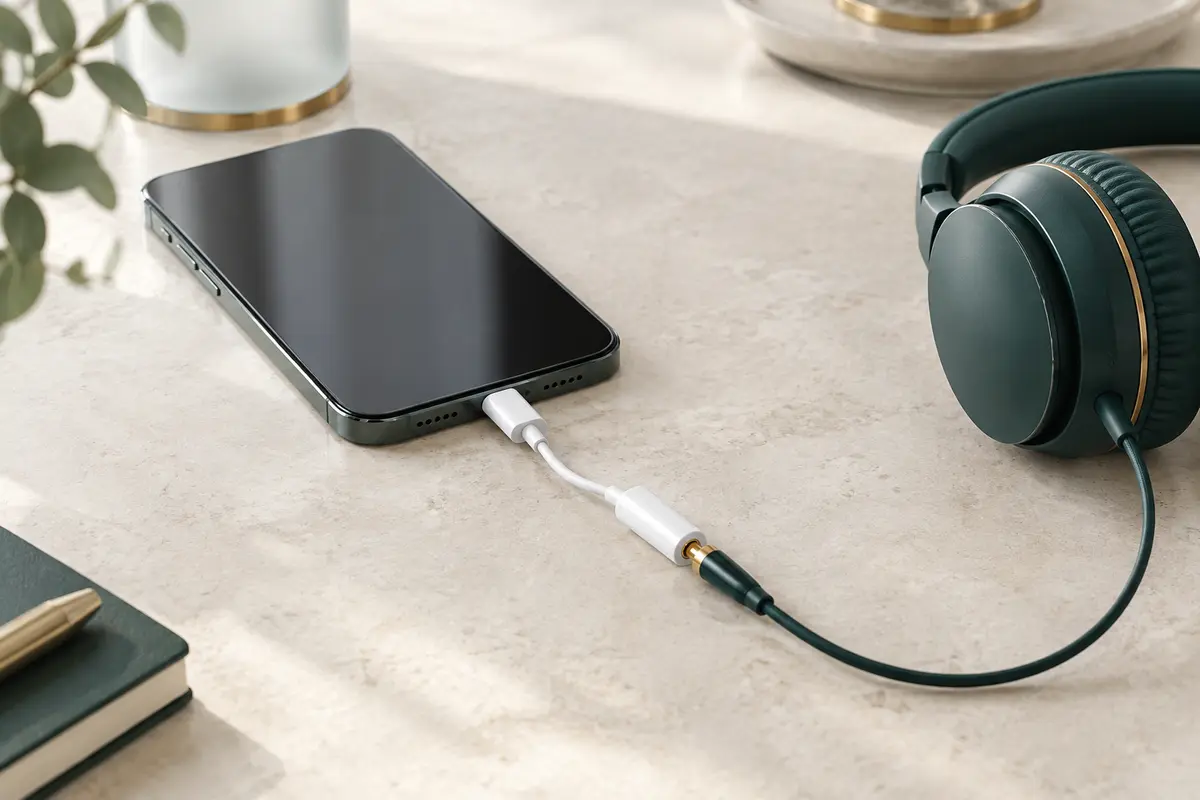 Smartphone relié à un casque filaire par un adaptateur USB-C vers jack posé sur un bureau