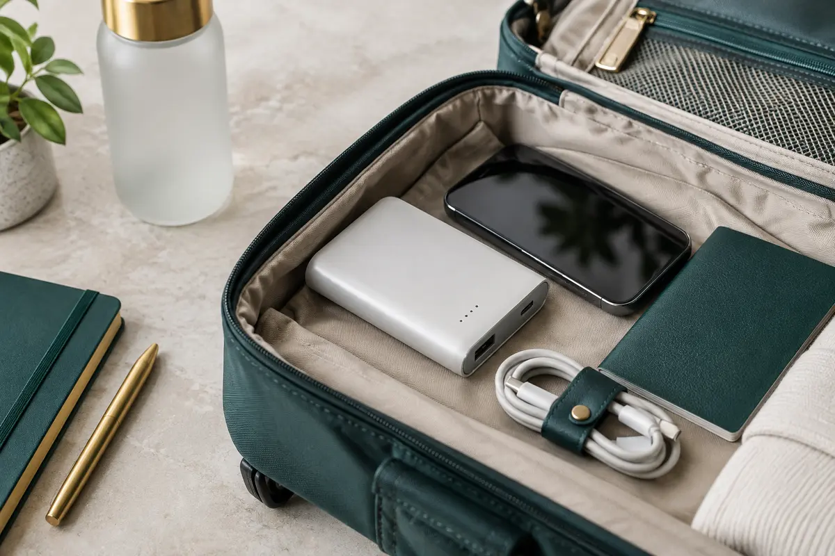 Batterie externe rangée dans un sac cabine avec un smartphone, prête pour une vérification avant le vol
