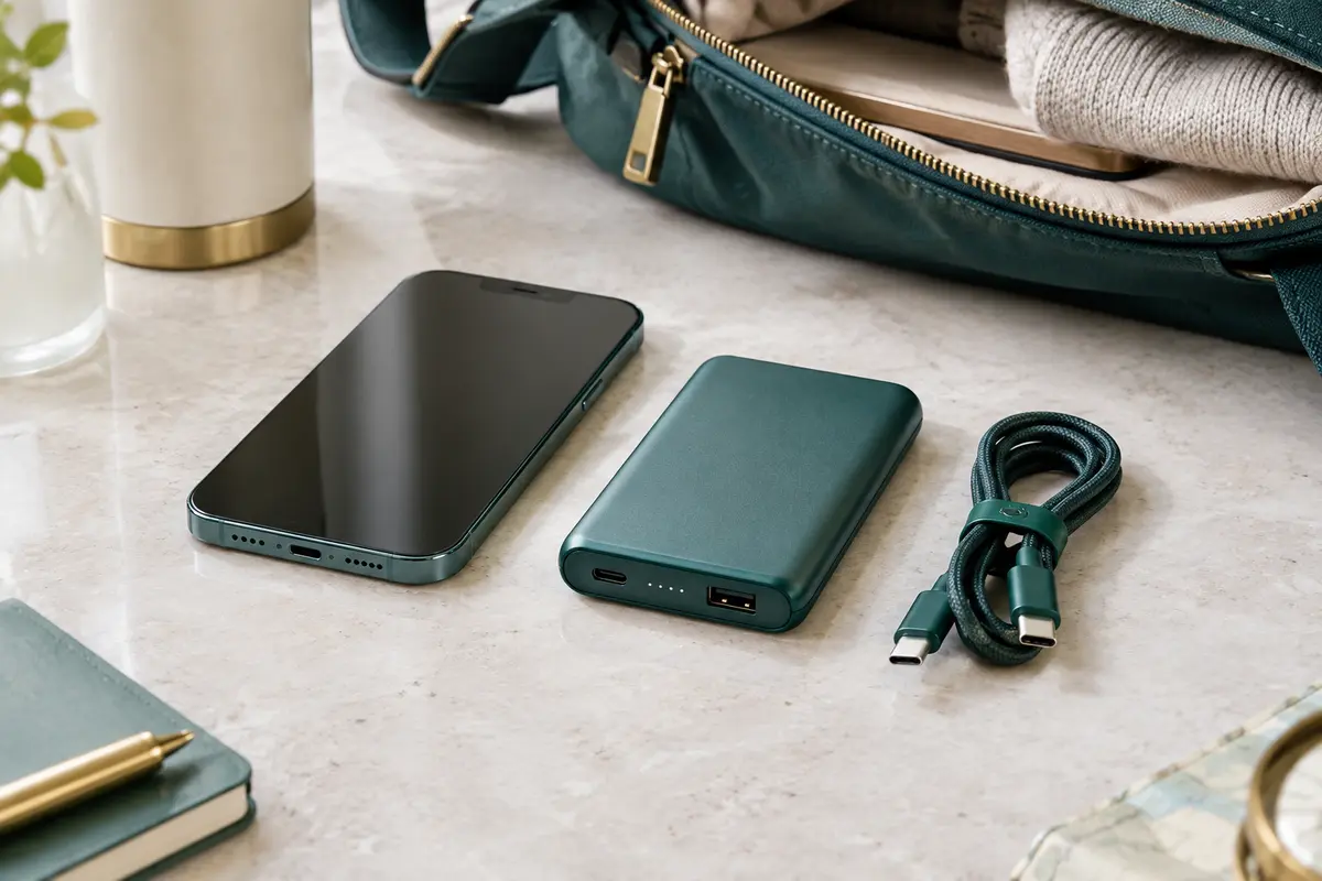 Batterie externe compacte, smartphone et câble USB-C préparés pour un week-end