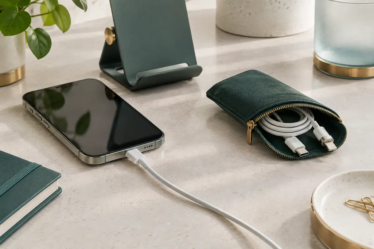 Smartphone en charge au bureau près d’un câble court enroulé pour le transport