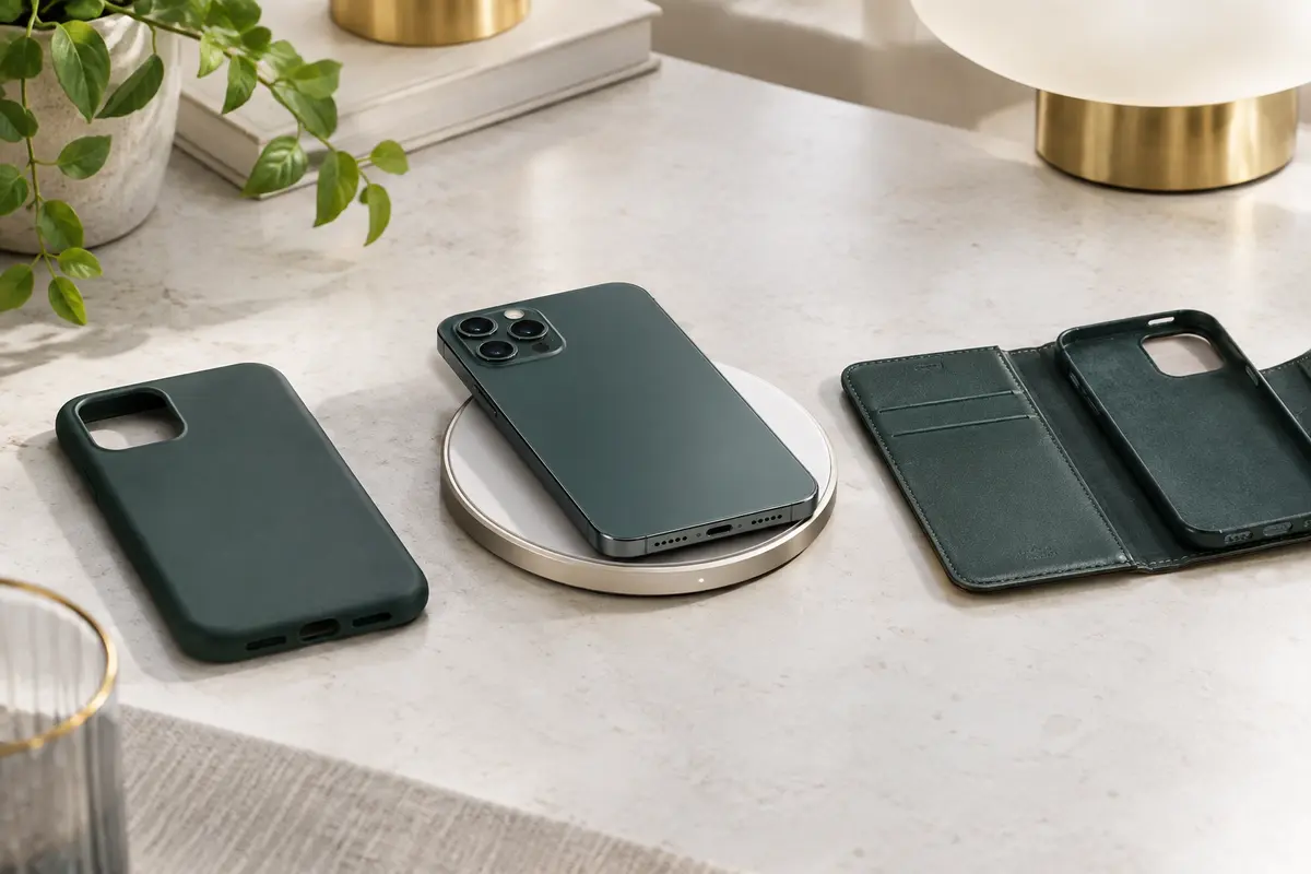 Smartphone aligné sur un chargeur sans fil, avec une coque posée à côté pour comparaison