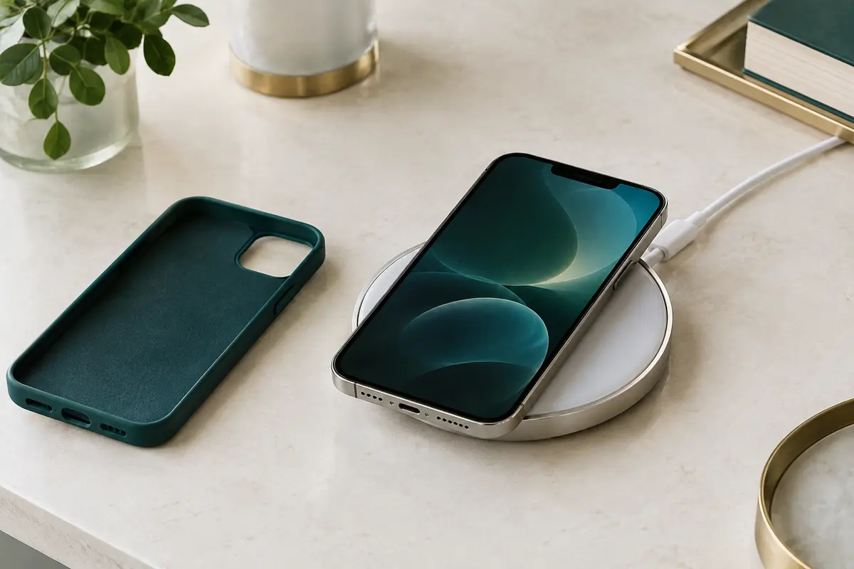 Smartphone centré sur un chargeur sans fil posé sur un bureau, avec une coque retirée à proximité.