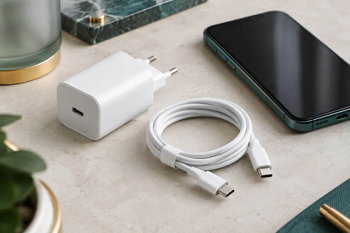 Chargeur secteur USB-C et câble posés près d’un smartphone pour illustrer la vérification de compatibilité