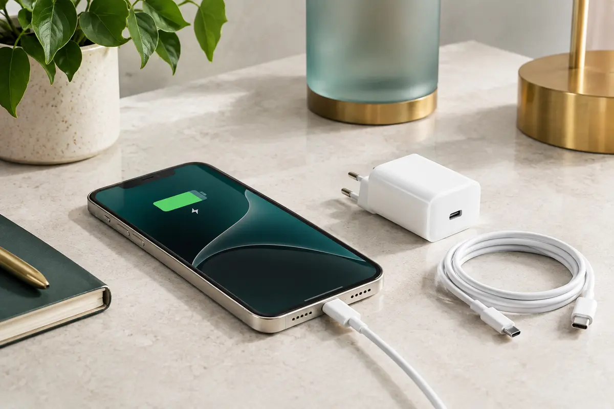 Smartphone en charge sur une surface dégagée, avec un chargeur et un câble en bon état