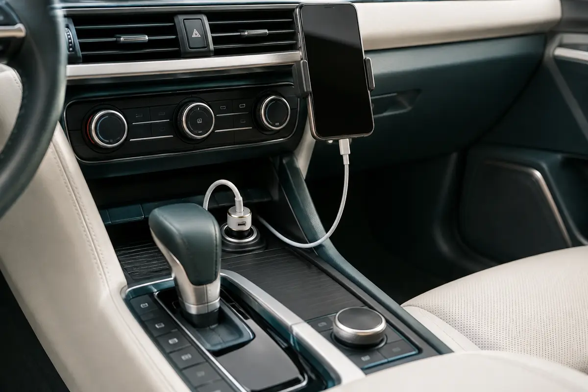 Chargeur USB branché dans une voiture, avec câble rangé et smartphone fixé sans gêner les commandes.