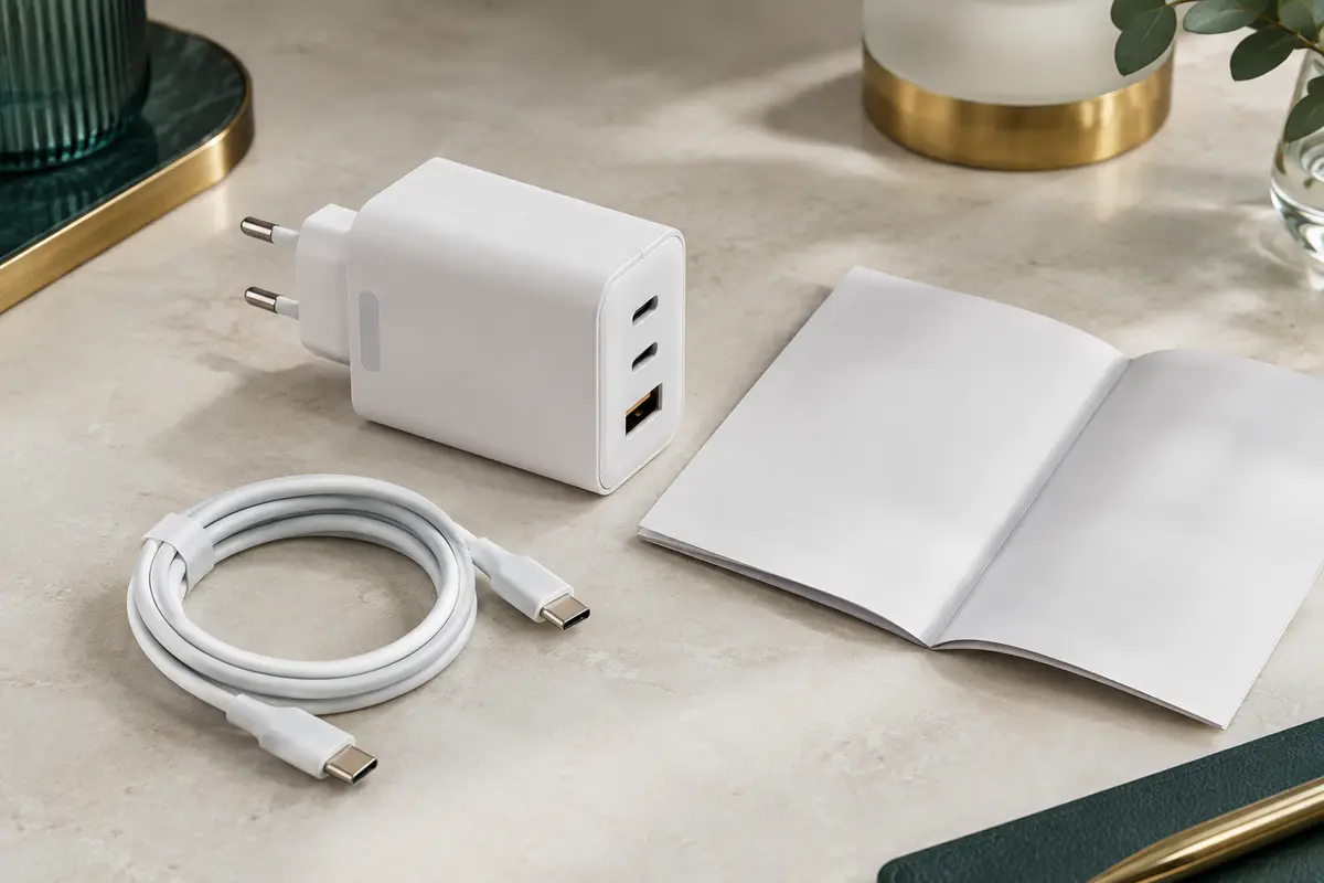 Chargeur secteur et câble posés près d’une notice pour vérifier leurs caractéristiques avant usage.