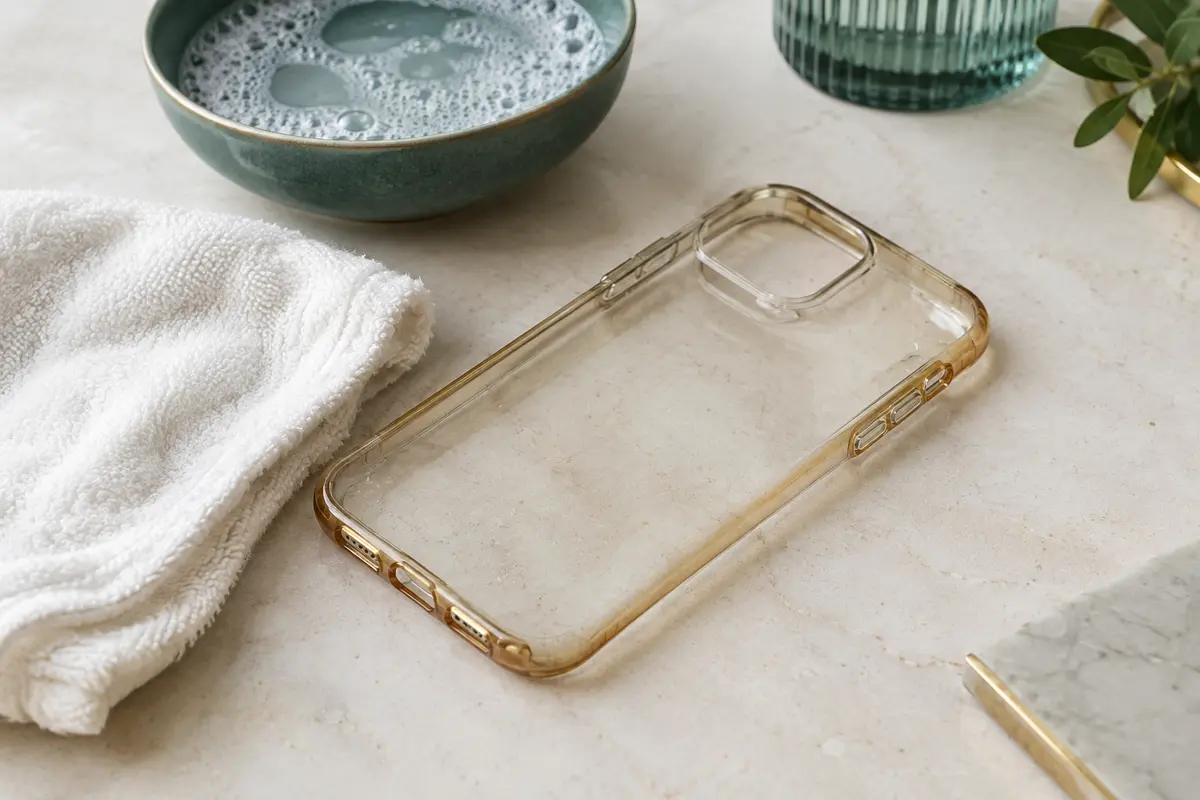 Coque transparente légèrement jaunie posée près d’un chiffon doux et d’eau savonneuse