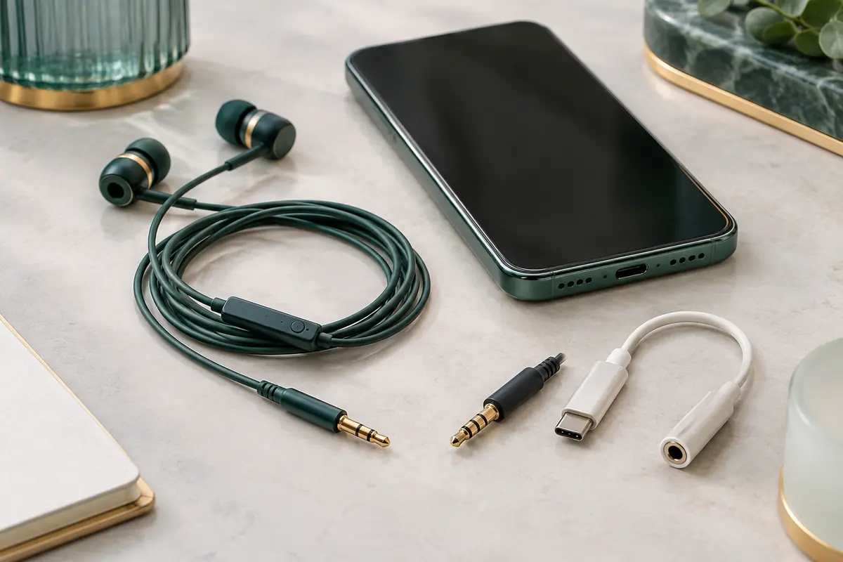 Écouteurs filaires, adaptateur audio et smartphone réunis pour comparer les connecteurs