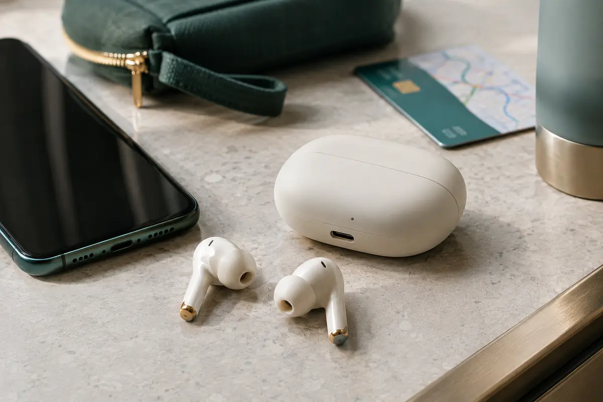 Écouteurs sans fil dans leur boîtier posés près d’un smartphone et d’un sac de transport
