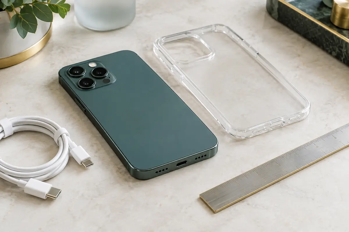 Smartphone, coque transparente, règle et câble réunis pour vérifier les dimensions et les ouvertures.