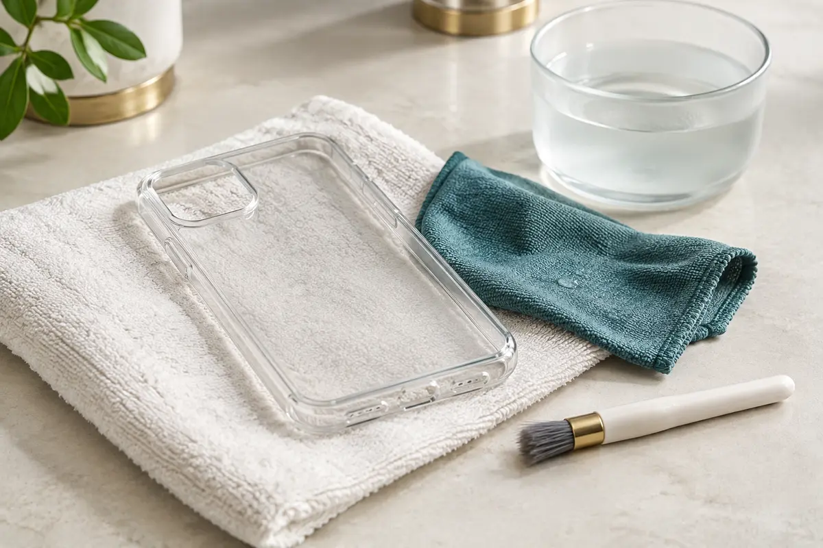 Coque transparente retirée et chiffon en microfibre préparés pour un nettoyage doux