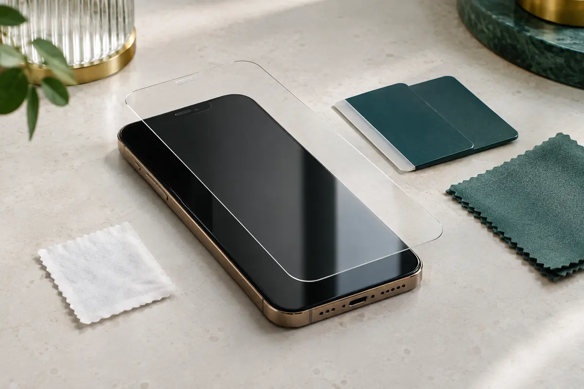Smartphone sur une table propre avec une protection en verre trempé et les accessoires de pose à proximité.