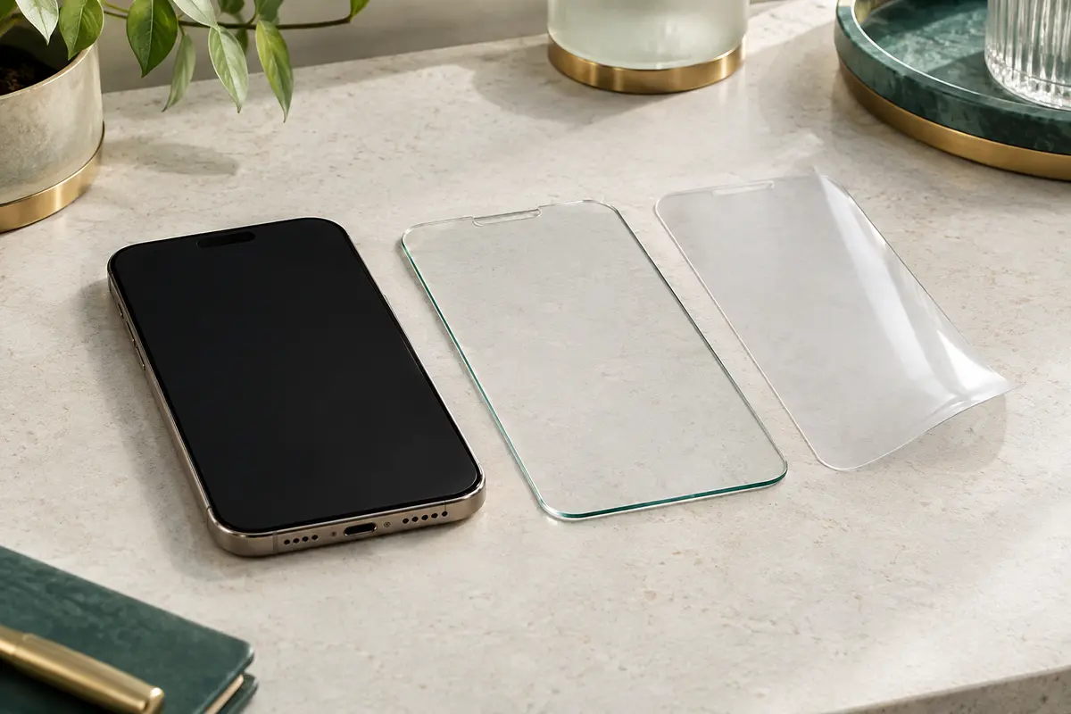 Smartphone avec un verre trempé et un film souple présentés côte à côte pour comparer leur profil.