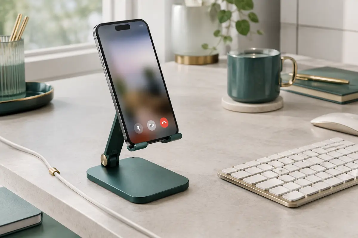 Smartphone sur un support de bureau réglable, écran incliné et câble de charge dégagé près du clavier.