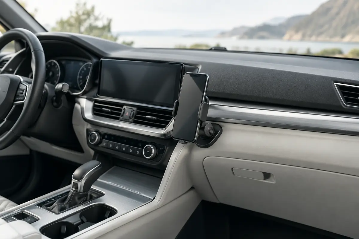 Smartphone fixé sur un support de voiture près du tableau de bord sans masquer les commandes