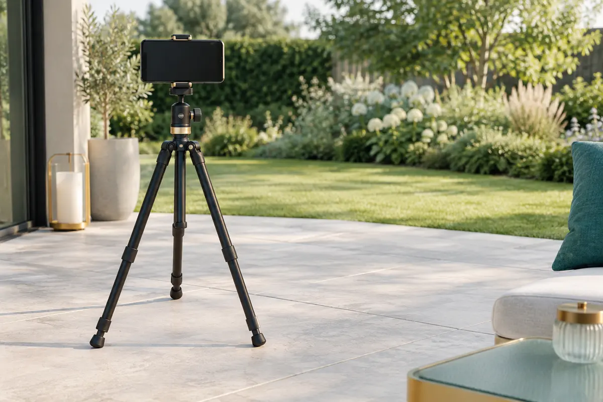Trépied smartphone stable sur une terrasse, orienté vers l’espace prévu pour cadrer un groupe.