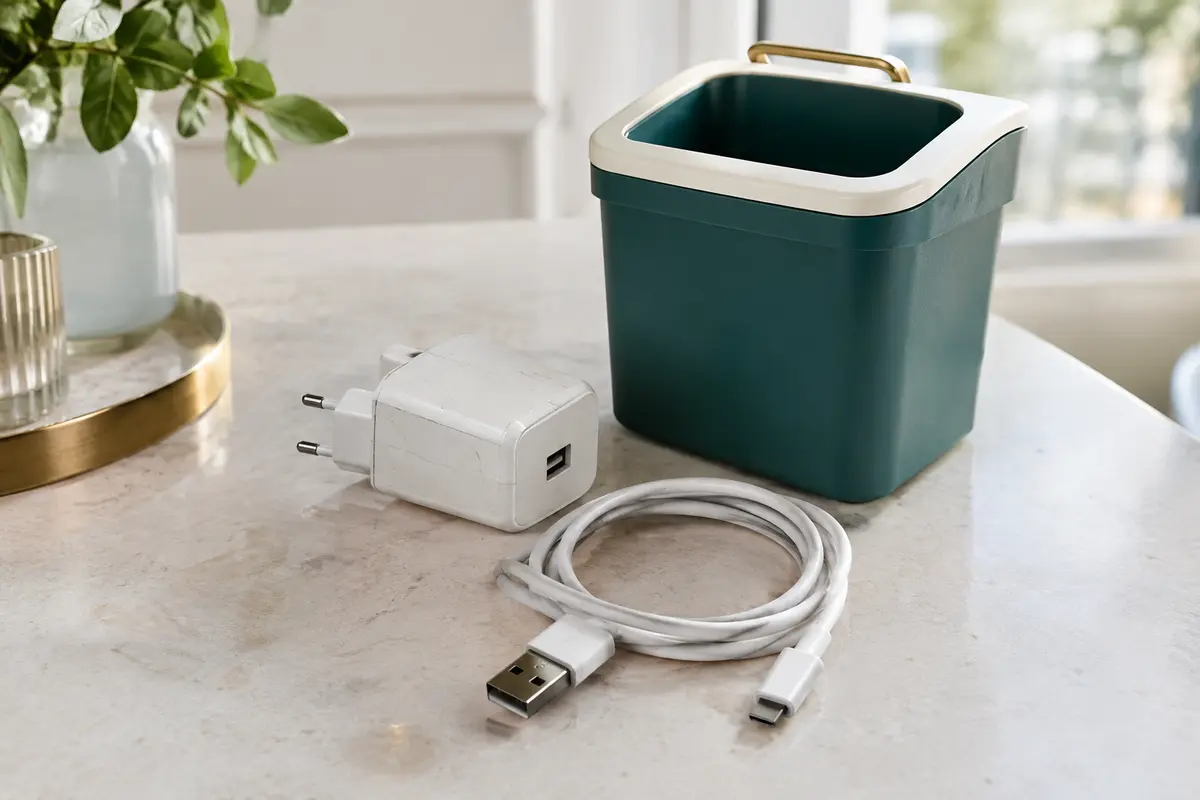 Un chargeur secteur et un câble de smartphone usagés prêts à être déposés dans une filière dédiée