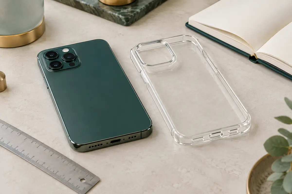 Smartphone et coque transparente posés côte à côte pour comparer les découpes, les boutons et les dimensions.