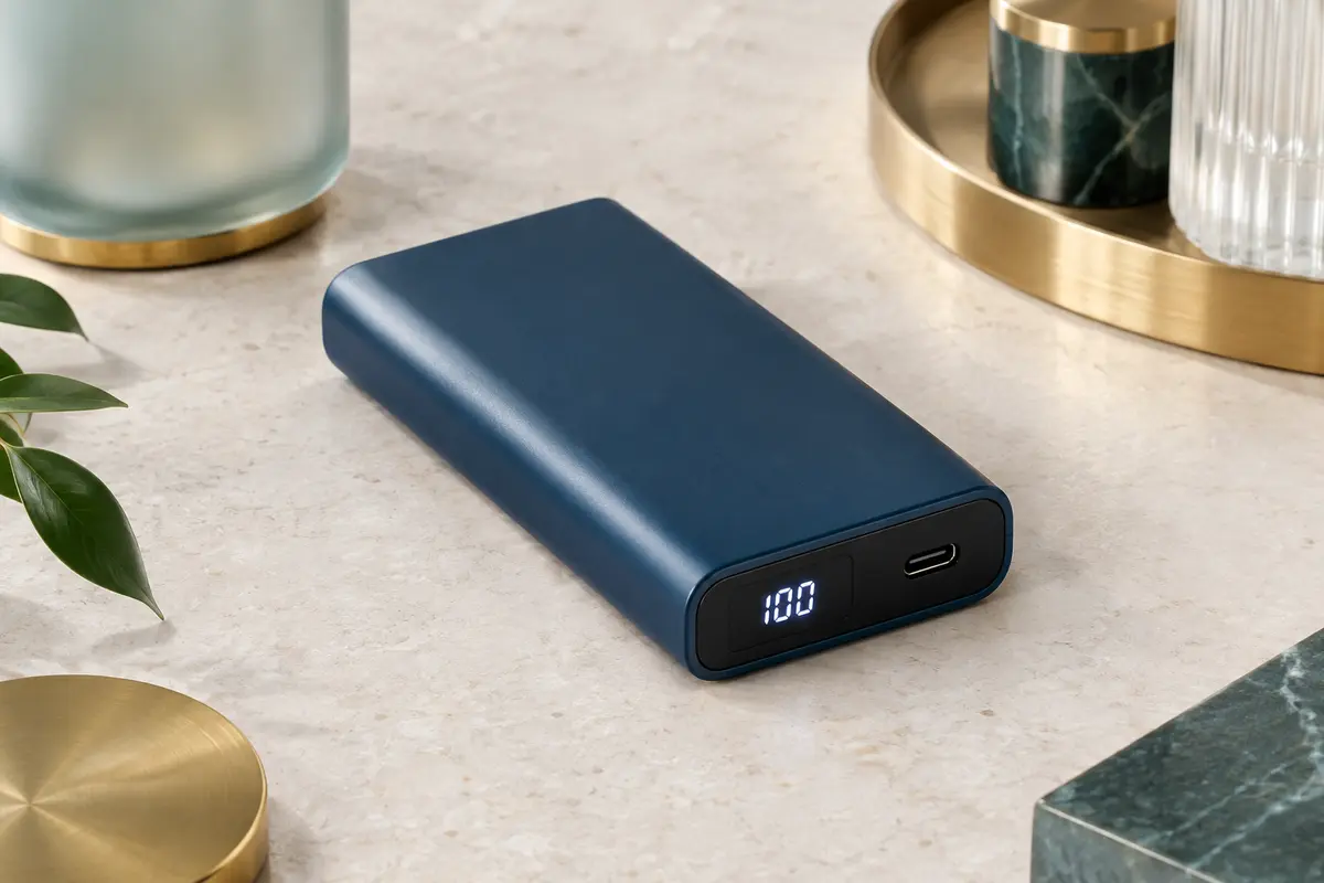 Batterie externe A Addtop bleu profond avec écran LED et port USB-C sur une surface minérale claire