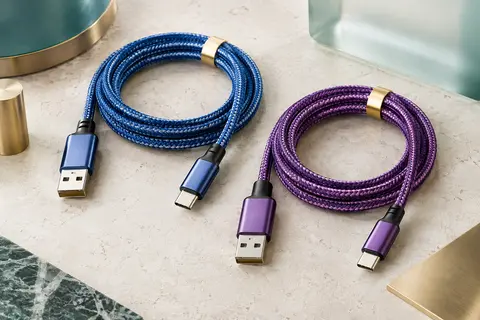 Deux câbles USB-A vers USB-C tressés, bleu et violet, de longueurs différentes sur une surface claire.