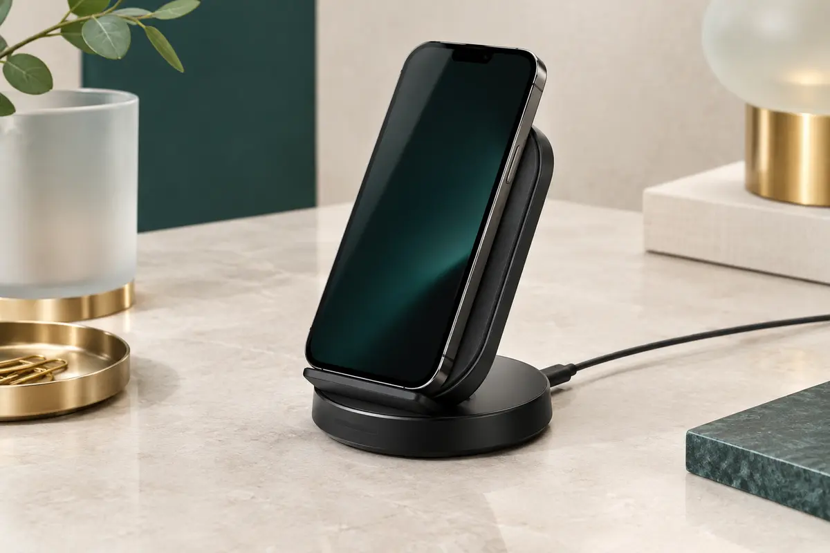 Station de charge sans fil noire avec un smartphone posé en portrait sur une surface minérale claire.