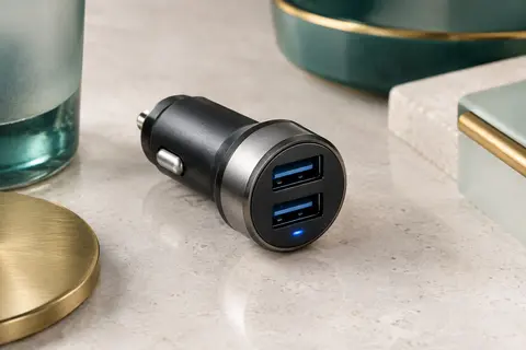 Chargeur voiture noir à deux ports USB avec indicateur LED bleu, posé sur une surface minérale claire.