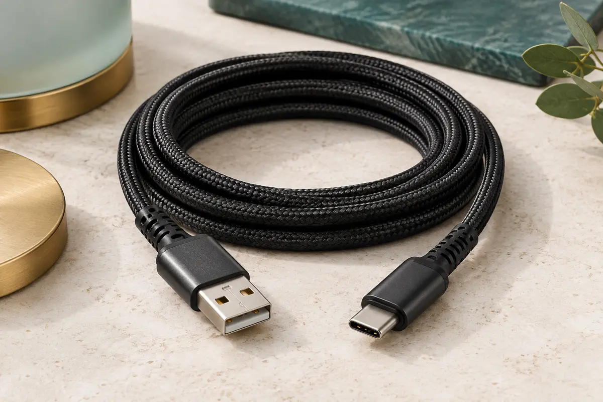 Câble USB-A vers USB-C noir de 3 m, avec gaine tressée en nylon et connecteurs renforcés.