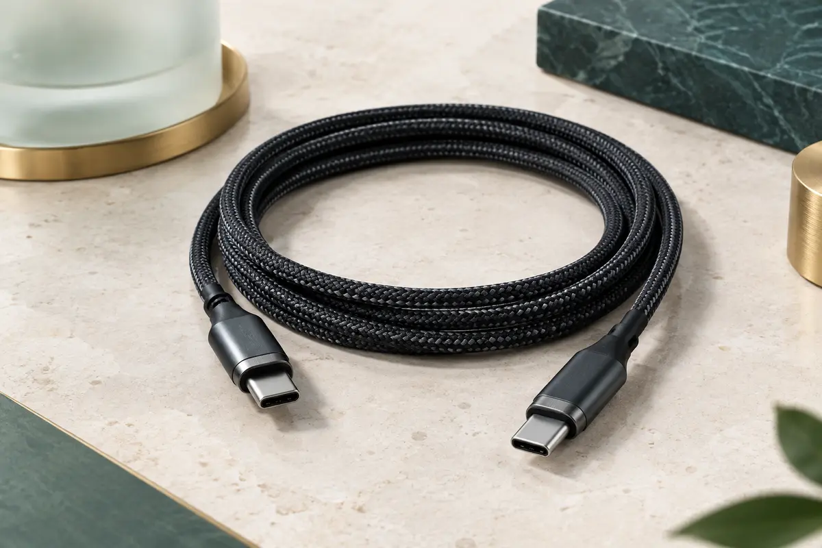 Câble USB-C vers USB-C noir en nylon tressé, posé en boucle avec ses deux connecteurs visibles