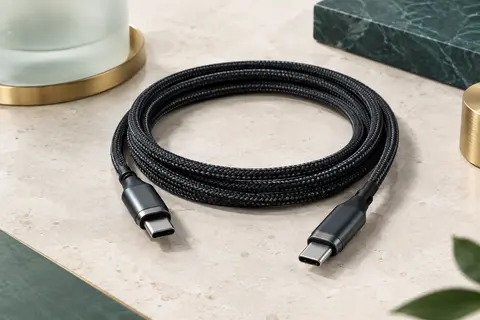 Câble USB-C vers USB-C noir en nylon tressé, posé en boucle avec ses deux connecteurs visibles