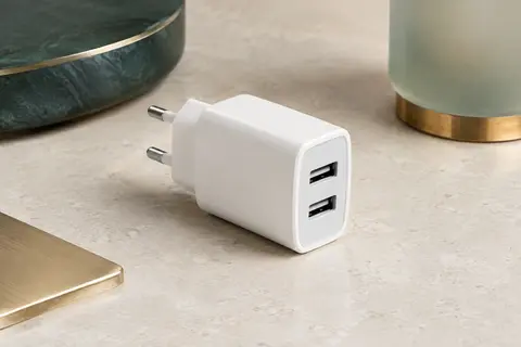 Chargeur secteur blanc Aioneus à deux ports USB posé sur une surface minérale claire