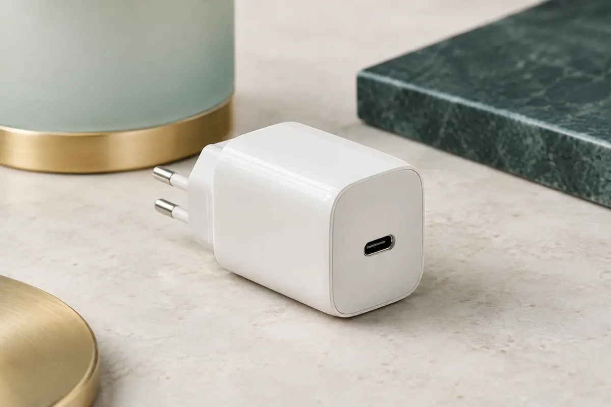 Chargeur secteur Aioneus blanc avec port USB-C posé sur une surface minérale claire.