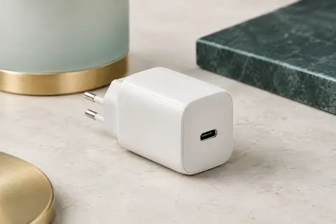 Chargeur secteur Aioneus blanc avec port USB-C posé sur une surface minérale claire.