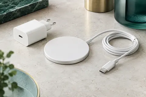 Chargeur sans fil magnétique blanc avec câble USB-C et prise secteur sur une surface minérale claire