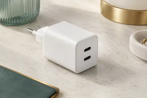 Adaptateur secteur blanc à deux ports USB-C posé sur une surface minérale claire.