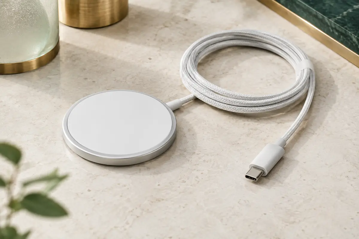 Chargeur MagSafe blanc à disque plat avec câble tressé de 1 m posé sur une surface minérale claire