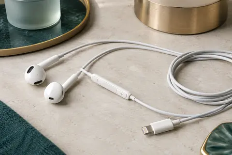 Écouteurs filaires blancs à forme bouton avec télécommande sur le câble et connecteur Lightning