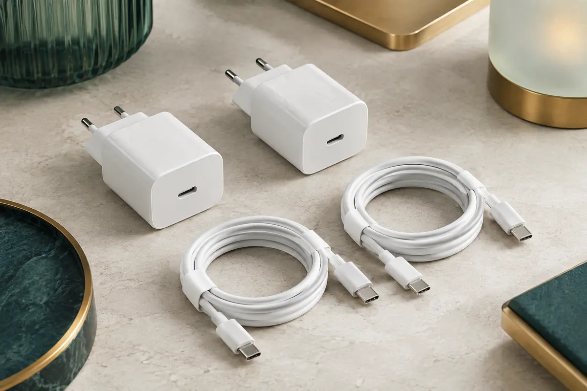 Deux chargeurs USB-C blancs de 45 W accompagnés de deux câbles USB-C vers USB-C de 2 m