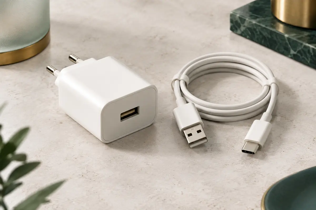 Chargeur secteur blanc Bamkey avec port USB-A et câble USB-A vers USB-C de 2 m