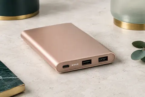 Batterie externe Belkin or rose avec ports USB-C et USB-A et voyant LED, posée sur une surface minérale claire.