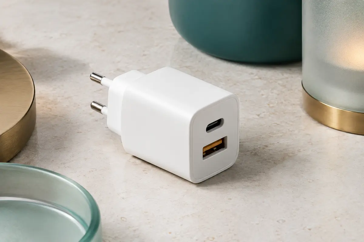 Chargeur secteur Belkin blanc à deux ports USB-C et USB-A posé sur une surface minérale claire.